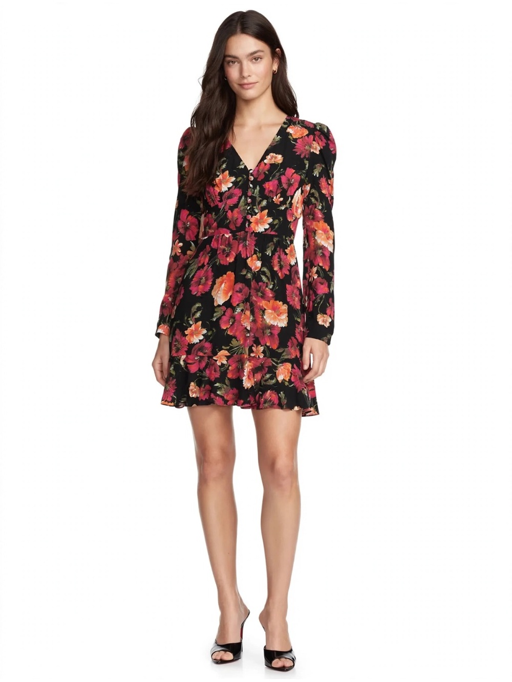 The Kooples Black Mini Dress with Pink & Orange Floral Print